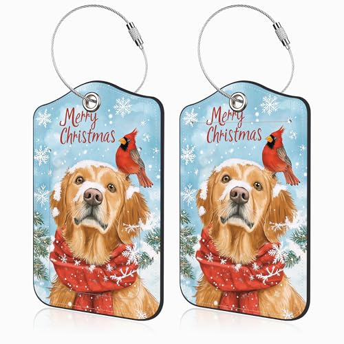 Set of 2 Christmas Dog and Red Cardinal Luggage Tags for Suitcases Leather Suitcase Tags Identifiers with Privacy Name Address Label and Stainless Steel Loop for Women Men Travel Luggage Accessories (Christmas Dog and Red Cardinal)