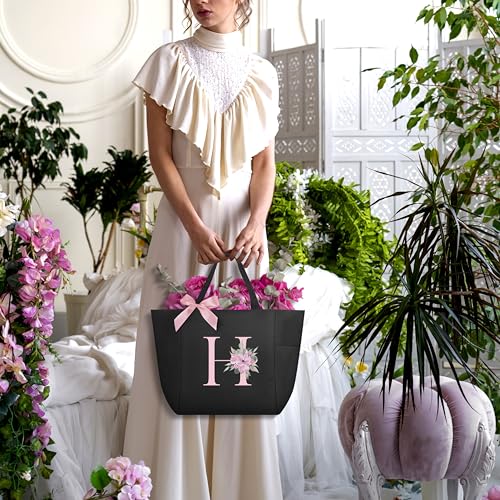 Tote Bag, A-Z Initial Monogrammed Waterproof Tote Bag, Bridesmaid Gifts for Women, Black and Pink (H, Black) (Black)