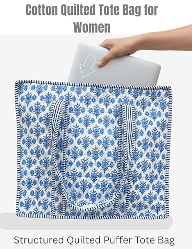 100% Cotton Quilted Tote Bag For Women (Jordy Blue Floral Print)