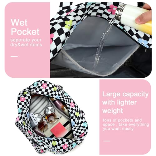 Large Beach Pool Bag for Women (Black White Checkered-colorful Flowers)