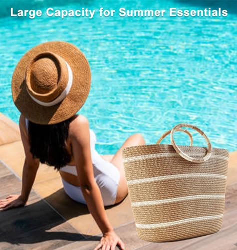 each Bags for Women Straw Tote Bag Summer Beach Bag Large Woven Straw Tote for Vacation Holiday (Kahaki)