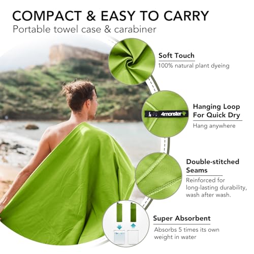 Quick Dry Travel Towel with Case & Carabiner (Green / 47.00" x 23.60")