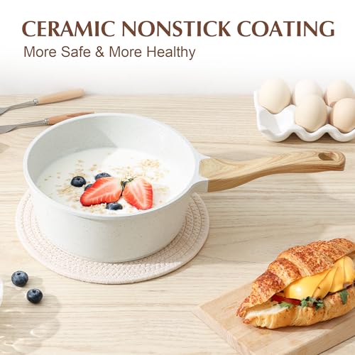 2QT Ceramic Nonstick Saucepan with Lid (White Ceramic / 2 Quarts)