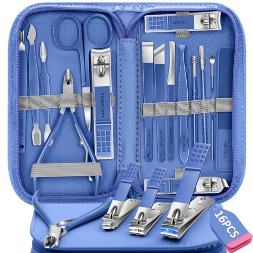 Manicure Set 16Pcs Nail Clippers Set Manicure Kit Professional Stainless Steel Pedicure Kit Nail Care Kit for Women Men with Luxurious Travel Bag (16Pcs-Blue)