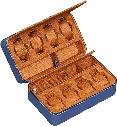 8 Watch Travel Case Storage Organizer for 8 Watches (Blue/Tan)
