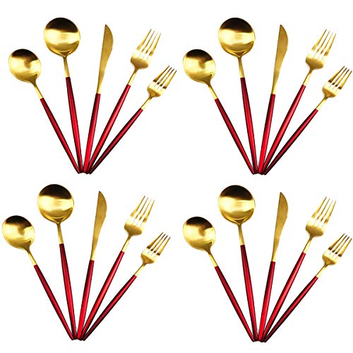 20-Piece 18/10 Stainless Steel Flatware Silverware, Luxury Dinnerware Set Travel Cutlery Tableware Include Knife Fork Spoon Service for 4, Dishwasher Safe (Red Handle Matte Gold) (Service for 4 / Red Handle Gold)