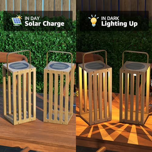 Solar Lantern Outdoor Waterproof IP44 Outside Lights LED for Patio Garden Decor Porch Yard Table Top Decorative (Wood)