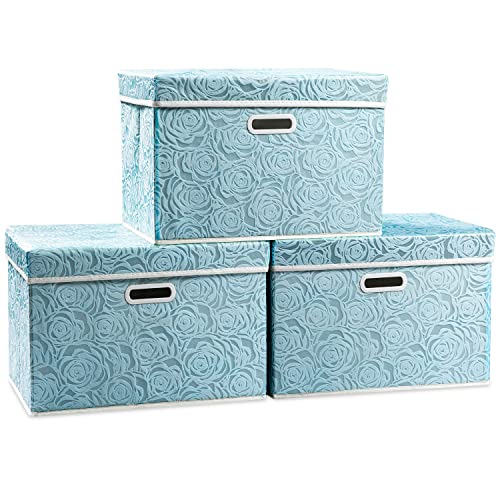 Larger Collapsible Storage Cubes with Lids Fabric Decorative Storage Bins Boxes Organizer Containers Baskets with Cover Handles for Bedroom Closet Living Room Blue 17.7x11.8x11.8 Inch 3 Pack (Blue / Large(3-Pack))