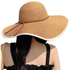 Women Twine Wide Brim Straw Hats Big Floppy Summer Hat Foldable Roll up Cap Beach Sun Hat UPF 50+ (Straw Hat: Khaki 5.9" Brim, 1 Pack)