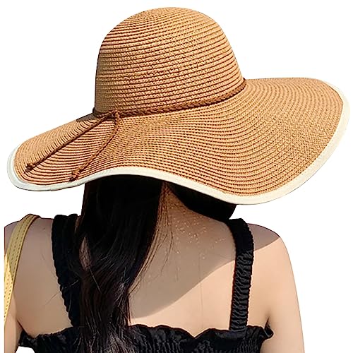 Womens Sun Straw Hat Wide Brim Summer Hat Big Floppy Foldable Beach Sun Hats UPF 50+ (A Khaki 5.9" Brim)