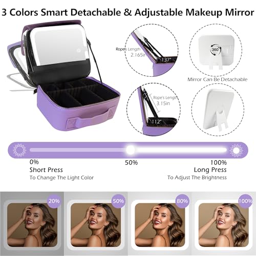 Travel Makeup Bag Cosmetic Bag Makeup Organizer Bag with Lighted Mirror (Violet / Woven)