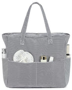 Waterproof Beach Tote Pool Bags for Women Ladies Extra Large Gym Tote Carry On Bag With Wet Compartment for Weekender Travel (Black White Fine Stripes)