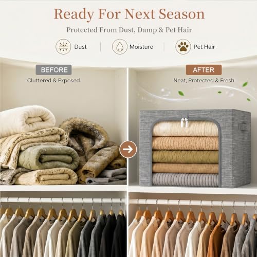 Clothes Storage Bins with Metal Frame for Closet (Gray / 40L)