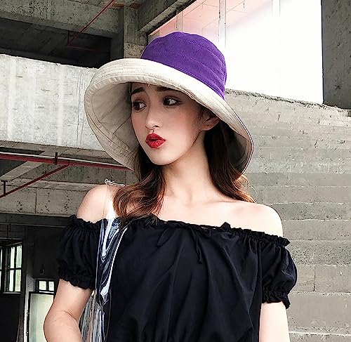 Women Summer Wide Brim Sun Hat Bucket Fishing Hats UV Protection (One Size / Lant001-purple)