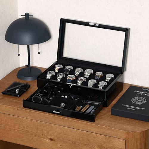 12 Slot Piano Black Watch Box with Valet Drawer (Piano Black / Black)