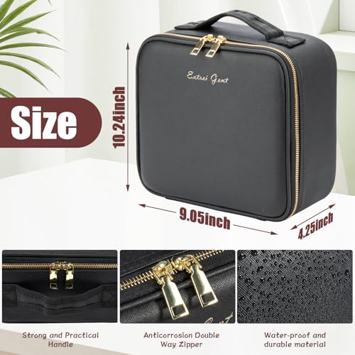 Makeup Travel Train Case with Mirror LED Light 3 Adjustable Brightness Large Cosmetic Bag Portable Storage Adjustable Partition Waterproof Makeup Brushes Make up Jewelry Gift for Women (Black)