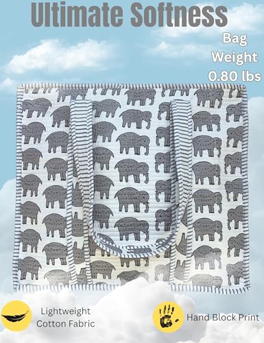 100% Cotton Quilted Tote Bag For Women (White Gray Elephant Print)