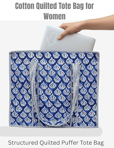 100% Cotton Quilted Tote Bag For Women (Indigo Block Print)