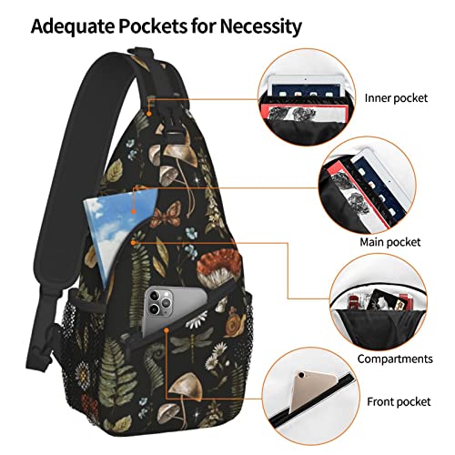 Sling Bag Vintage Mushroom Leaf Forest Hiking Daypack Crossbody Shoulder Backpack Travel Chest Pack for Men Women Over 12 Years Old (A01)