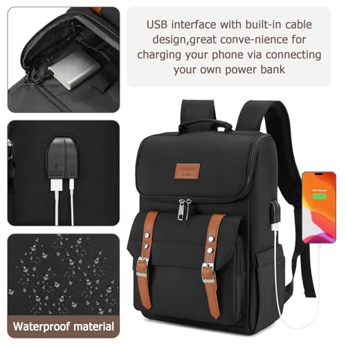 Vintage Backpack Travel Laptop Backpack with usb Charging Port for Women & Men College Backpack Fits 15.6 Inch Laptop Black Brown (Black&brown)