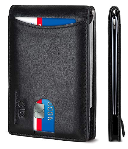 RFID Blocking Slim Bifold Genuine Leather Minimalist Front Pocket Wallets for Men with Money Clip Thin Mens (Jet Black 1.0)