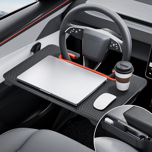 2-in-1 Car Steering Wheel Desk Tray & Car Seat Gap Filler Organizer – Foldable Carbon Fiber Look Table for Laptop, Eating, Writing – for Standard Round Steering Wheels (Orange)