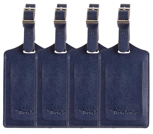 4 Pack Leather Luggage Travel Bag Tags by Travelambo (Deep Blue)