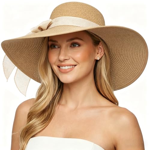 Women Wide Brim Bow Straw Hat Floppy Foldable Beach Sun Hat Roll up Cap UPF 50+ (Khaki (Beige Band) /Normal Edge)