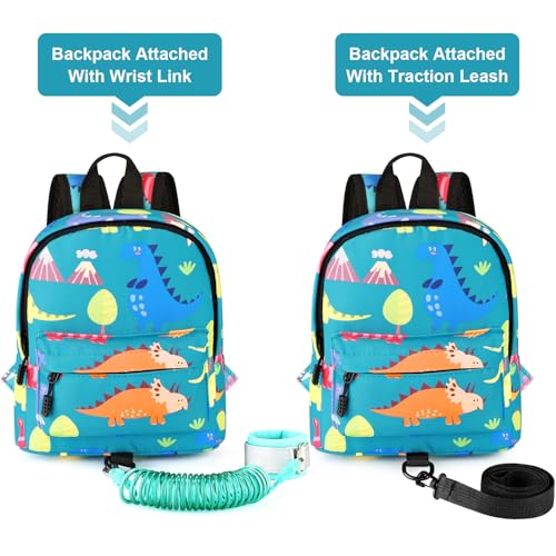 Toddler Backpack Leash with Anti Lost Wrist Link (Turquoise/Dino, Green Link)