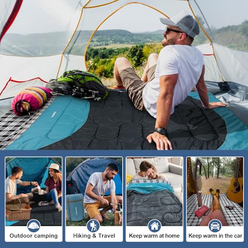 Cotton Flannel Double Sleeping Bag for Adults Machine Washable 2 Person Camping Sleeping Bag Queen Size Waterproof with Compression Sack for Cold Weather 3 (CYAN / Flannel)