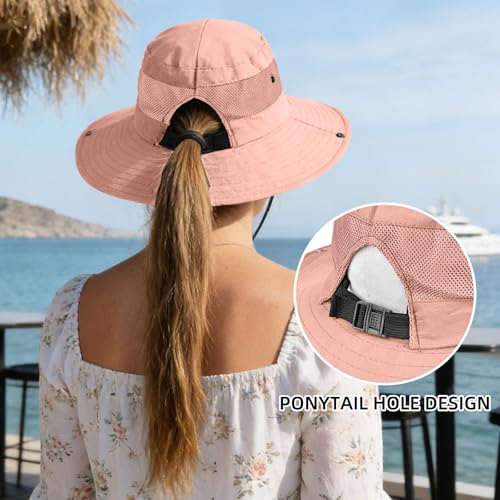 Ponytail Sun Bucket Hats for Women UV Protection Foldable Wide Brim (1 Pack-pure Pink)