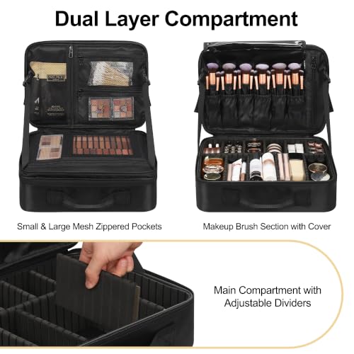 Makeup Case Large Makeup Bag Professional Train Case 14 inches Travel Cosmetic Organizer Brush Holder Waterproof Makeup Artist Storage Box (Medium / Black 2-Layer)