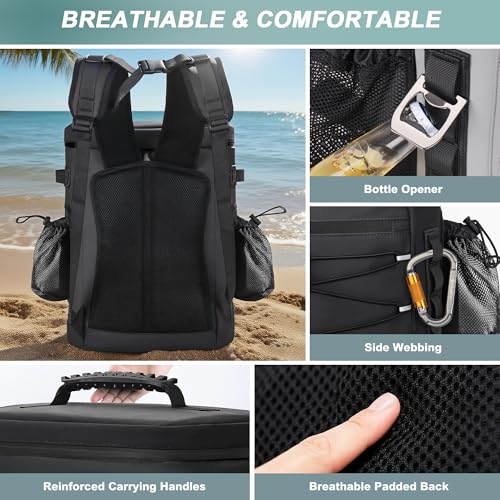 Large 52 Can Insulated Waterproof Leakproof Cooler Backpack (Black, Black Zipper)