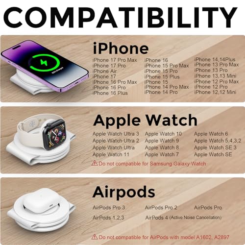 3-in-1 Wireless Charging Station for iPhone, Watch, AirPods, White (B-White)