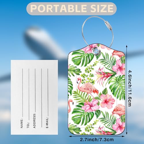 2 Pcs Pink Flamingo Luggage Tags for Suitcases Tropical Flowers and Palm Leaves PU Leather Baggage Tags Name ID Label with Privacy Cover and Stainless Steel Loop for Men Women Travel Bag Suitcase (Pink Flamingo)