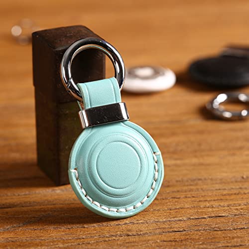 Genuine Leather Keychain Holder Compatible with Airtag ([1 Pack] Cyan V2.0)