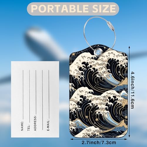 Japanese Art Blue and White Waves Set of 2 Luggage Tags for Suitcases Leather Suitcase Tags Identifiers with Privacy Name Label and Stainless Steel Loop for Women Men Travel Luggage Accessories (Japanese Art Blue and White Waves)