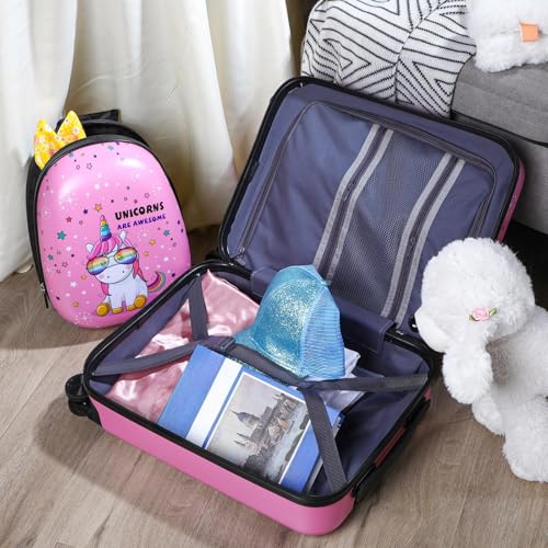 Kids Luggage and Backpack 18 Suitcase with Spinner Wheel Hard Case Travel 13 Backpack Girl Suitcase Set for Kids Travel Supplies (Unicorn Style / Pink)