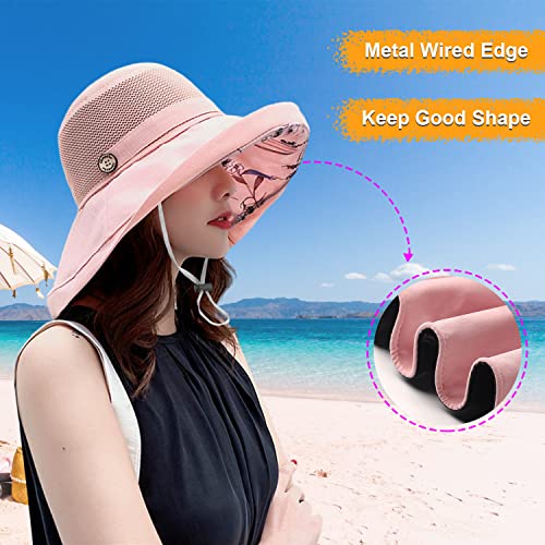 Women Summer Mesh Sun Hats Floppy Wide Brim UV Protection Fishing Hat Beach Hiking Garden Travel Lawn Work Cap Chin Strap (One Size / M9163-pink)