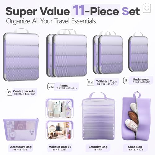 11 Set Compression Packing Cubes for Travel Essentials (Light Purple / 11 set)