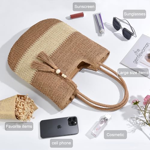 Straw Beach Bags for Women Summer Tote Bag Boho Shoulder Purse (A Khaki)