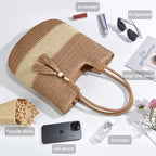 Straw Beach Bags for Women Summer Tote Bag Boho Shoulder Purse (A Khaki)
