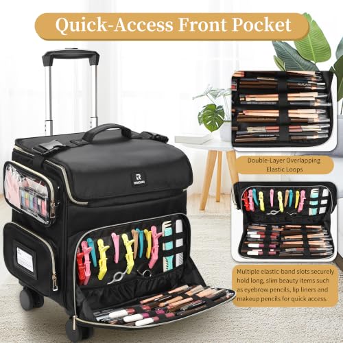 Rolling Makeup Train Case (Black-with 7 bags / XL)