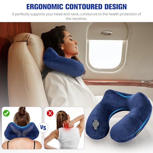 Inflatable Travel Pillow for Sleeping Airplane (Navy Blue / M-Shape)