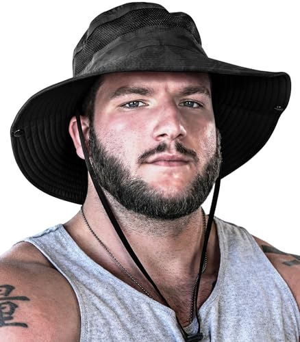 Safari Hat for Men Sun Hats for Women UV Protection UPF 50+ Fishing (Black Camouflage Standard 1 Pack / Safari)