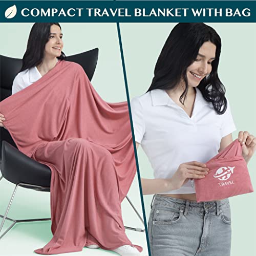 Travel Blanket Airplane Compact Pillow with Bag for Flights (Pink / 65 x 40 inches)