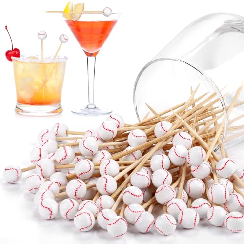 100 Pieces Baseball Decorative Sports Ball End Cocktail Skewers 4.7 Inch Bamboo Cocktail Picks Wooden Decorative Fruit Toothpicks for Appetizers Bar Drinks Fruit Sandwich Buffets Party Supplies (Baseball)