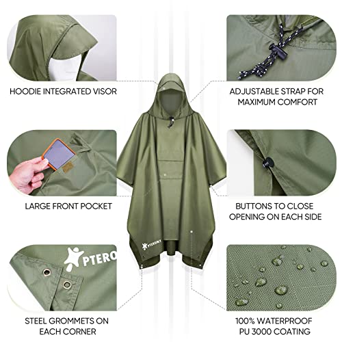 Hooded Rain Poncho for Adult with Pocket (Green)