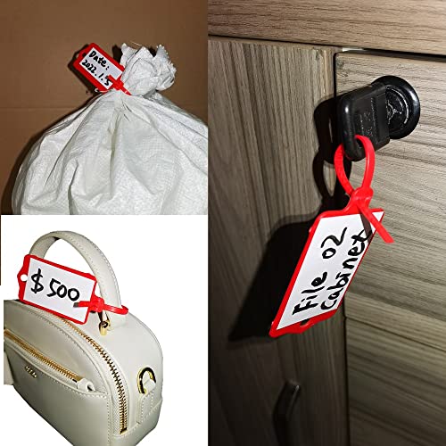 100pcs Reusable Blank Plastic Tags Ties Key Tags 1.45"*2.48" Serrated Tension Sealing Strap with Large Label Plastic Tie Mark Label Waterproof Hang Sign Write on Tag (Red)