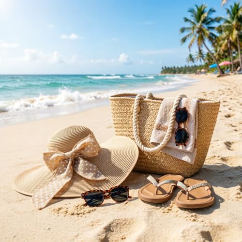 Wide Brim Sun Hat for Women Floppy Straw Hat Summer Beach Hats Fashionable Trendy Hats Sun Protection UPF 50+ (1 Pc：khaki+white Dot Hat, 4.7" Brim)